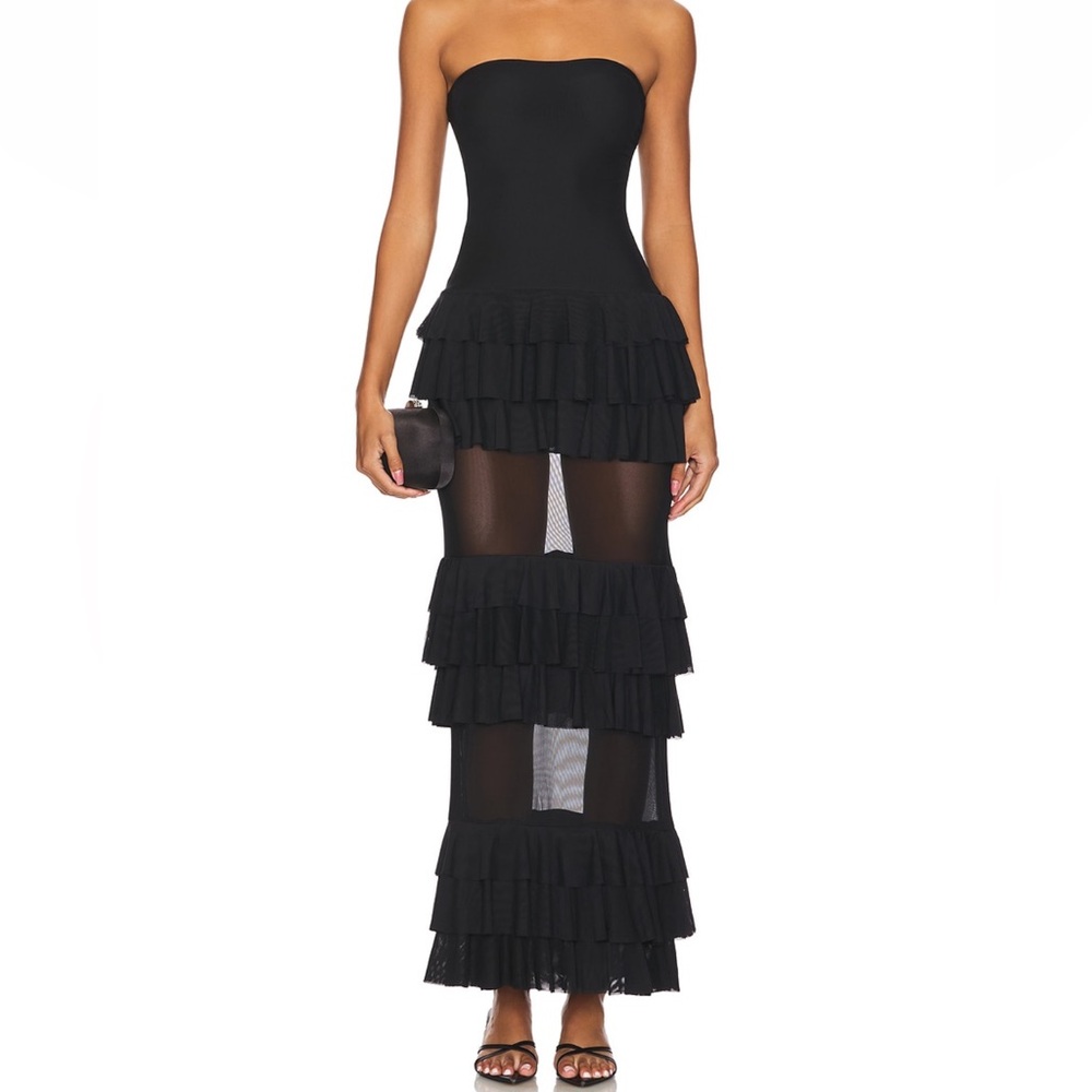 Strapless Black Ruffle Tiered Mesh Maxi Dress